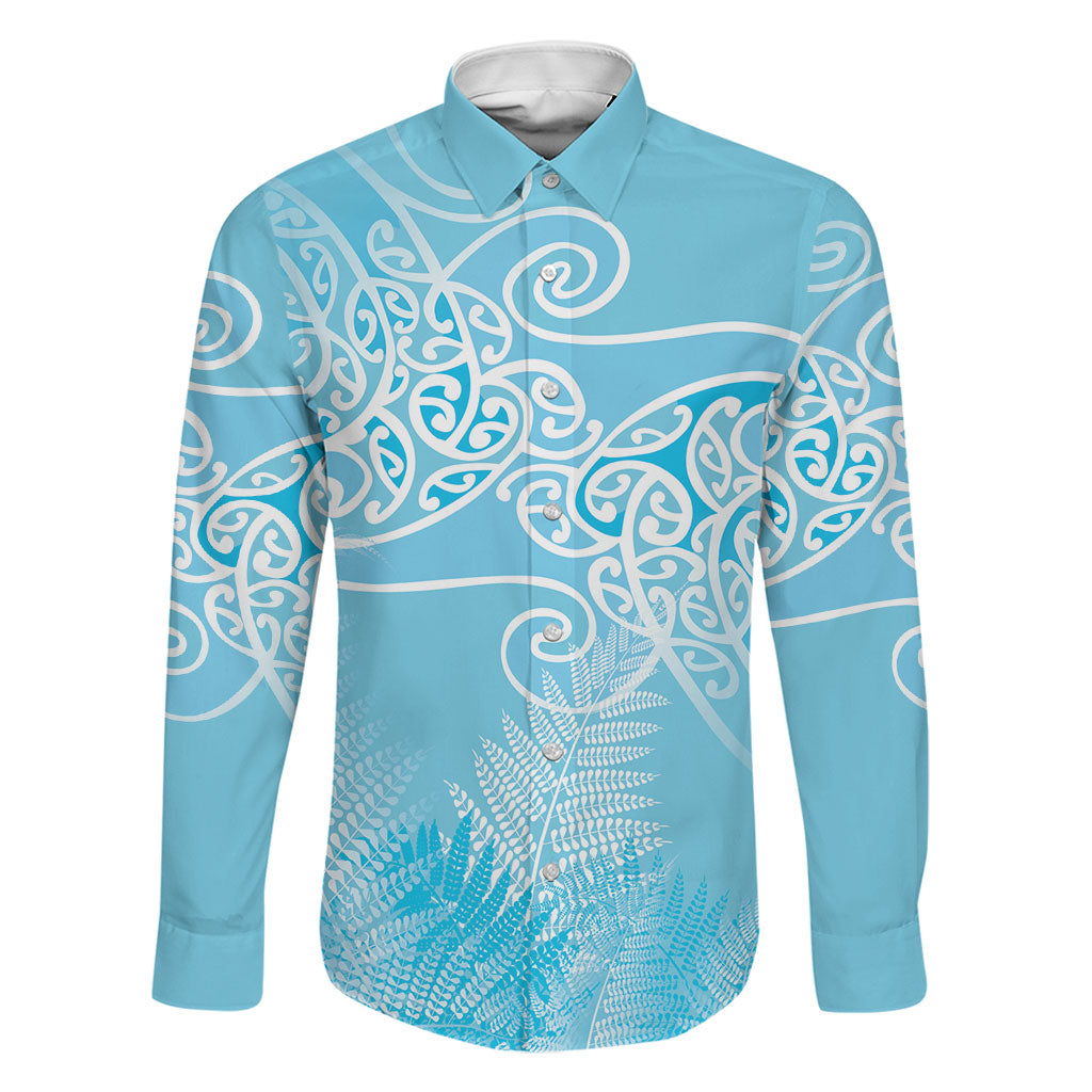 Aotearoa Maori Koru Curves Family Matching Summer Maxi Dress and Hawaiian Shirt Silver Ferns - Turquoise LT7 Dad's Shirt - Long Sleeve Turquoise - Polynesian Pride