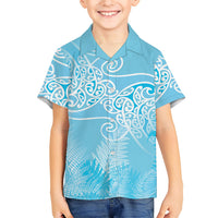 Aotearoa Maori Koru Curves Family Matching Summer Maxi Dress and Hawaiian Shirt Silver Ferns - Turquoise LT7 Son's Shirt Turquoise - Polynesian Pride