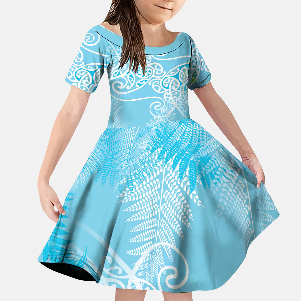 Aotearoa Maori Koru Curves Family Matching Tank Maxi Dress and Hawaiian Shirt Silver Ferns - Turquoise LT7 Daughter's Dress Turquoise - Polynesian Pride