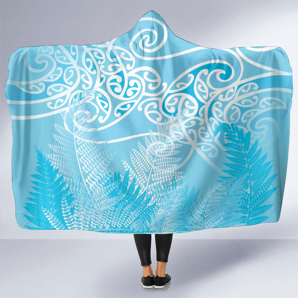 Aotearoa Maori Koru Curves Hooded Blanket Silver Ferns - Turquoise