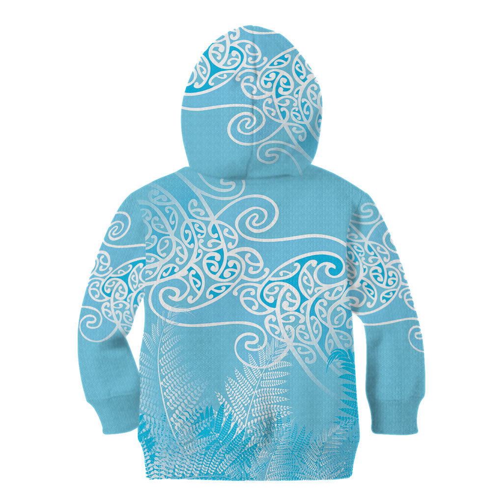 Aotearoa Maori Koru Curves Kid Hoodie Silver Ferns - Turquoise