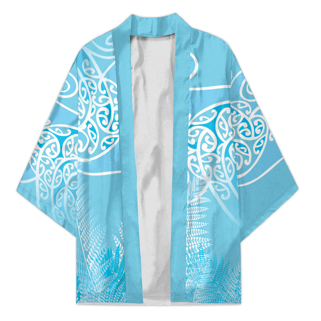 Aotearoa Maori Koru Curves Kimono Silver Ferns - Turquoise