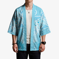 Aotearoa Maori Koru Curves Kimono Silver Ferns - Turquoise