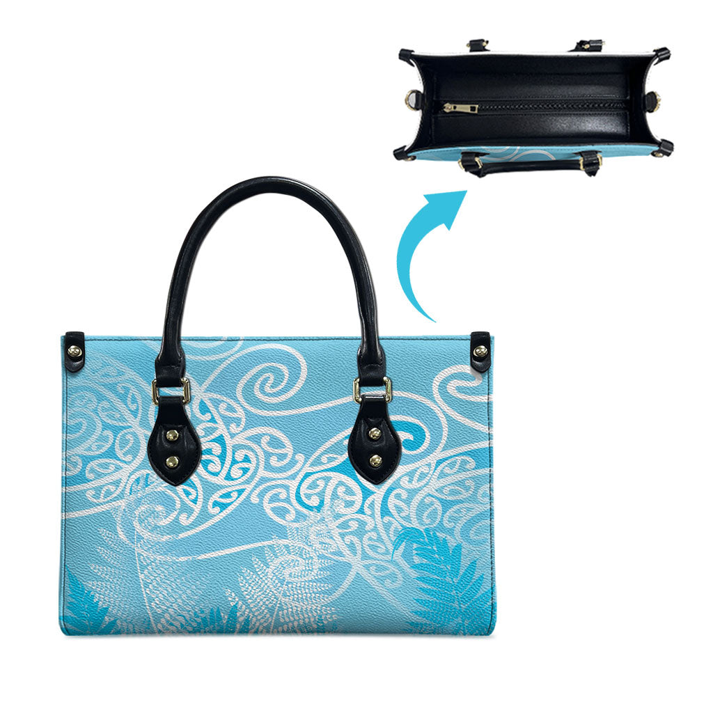 Aotearoa Maori Koru Curves Leather Bag Silver Ferns - Turquoise