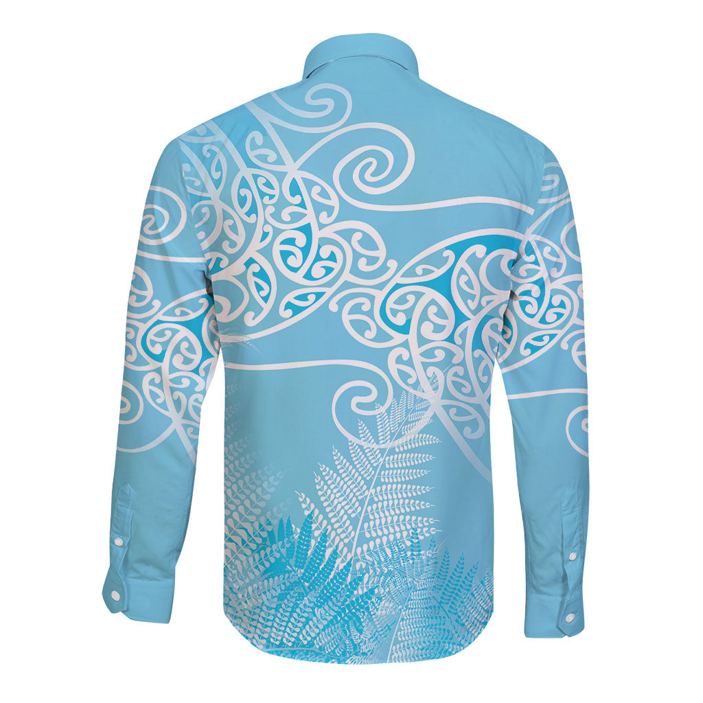 Aotearoa Maori Koru Curves Long Sleeve Button Shirt Silver Ferns - Turquoise