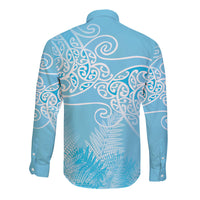 Aotearoa Maori Koru Curves Long Sleeve Button Shirt Silver Ferns - Turquoise