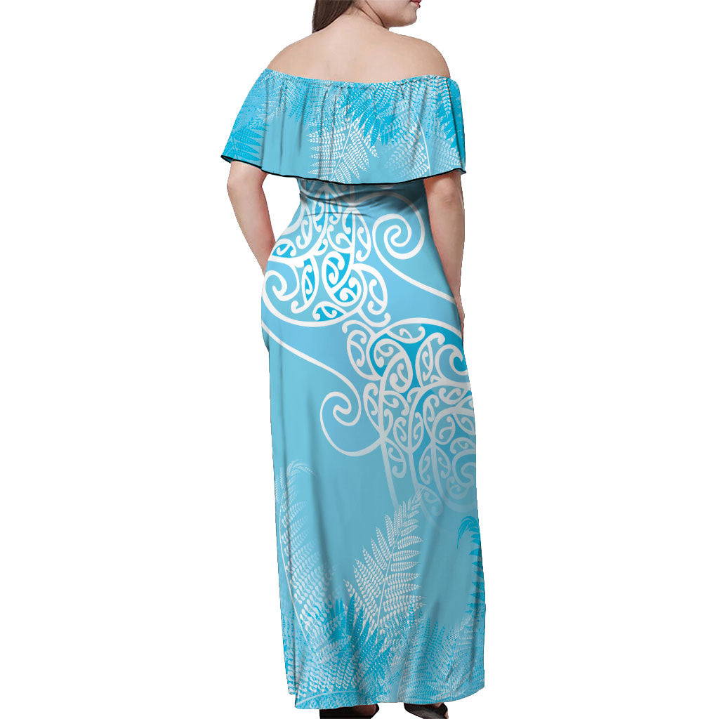 Aotearoa Maori Koru Curves Off Shoulder Maxi Dress Silver Ferns - Turquoise