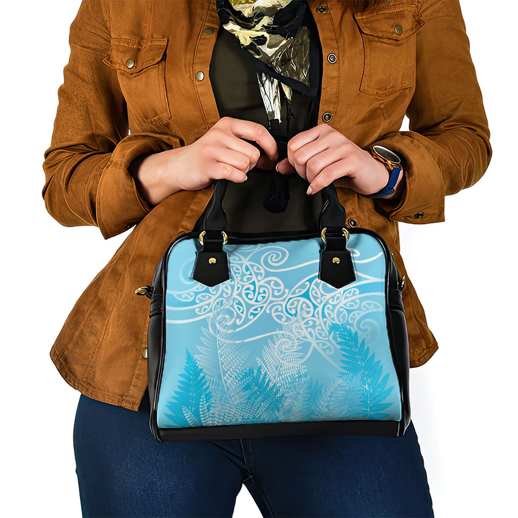 Aotearoa Maori Koru Curves Shoulder Handbag Silver Ferns - Turquoise