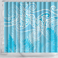 Aotearoa Maori Koru Curves Shower Curtain Silver Ferns - Turquoise