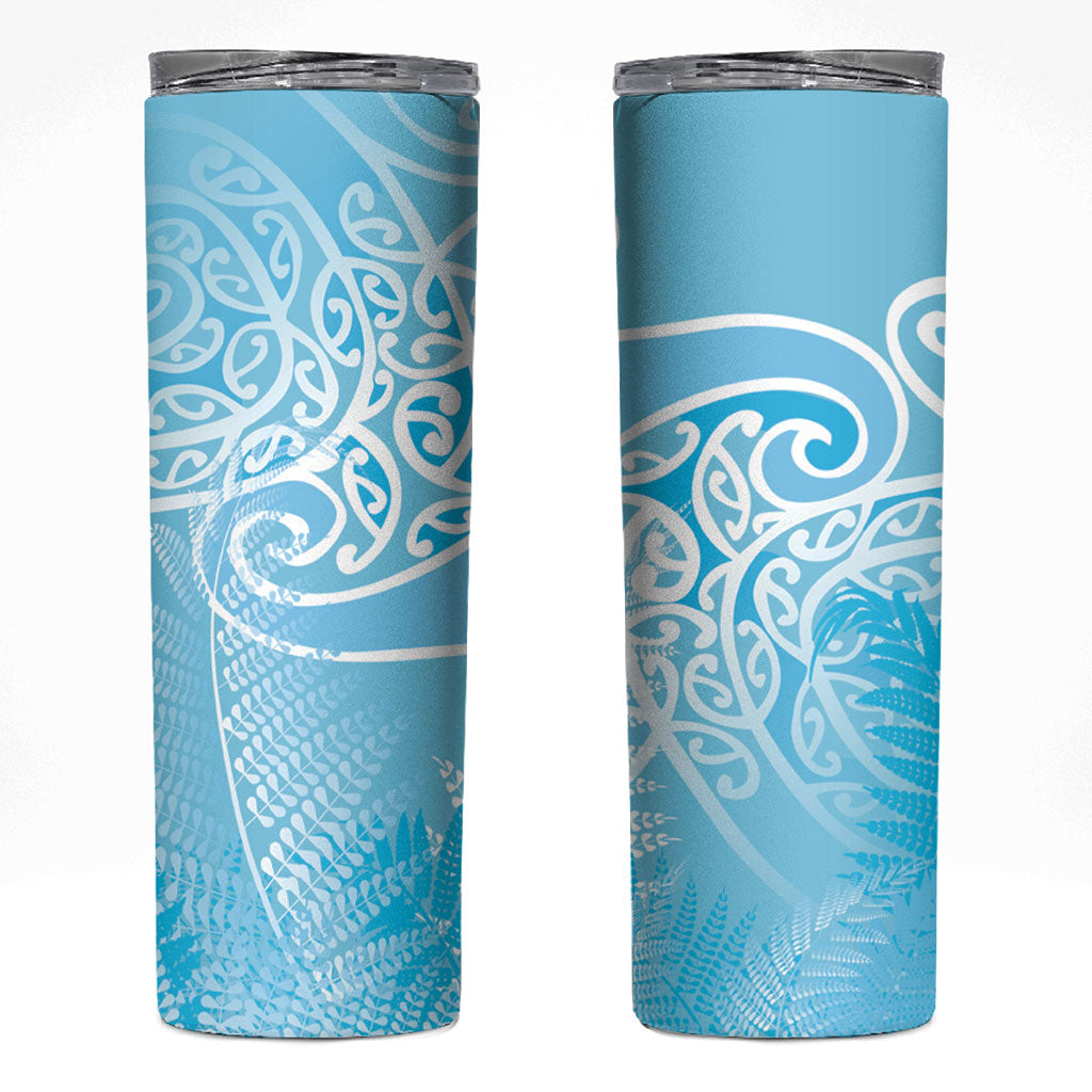 Aotearoa Maori Koru Curves Skinny Tumbler Silver Ferns - Turquoise