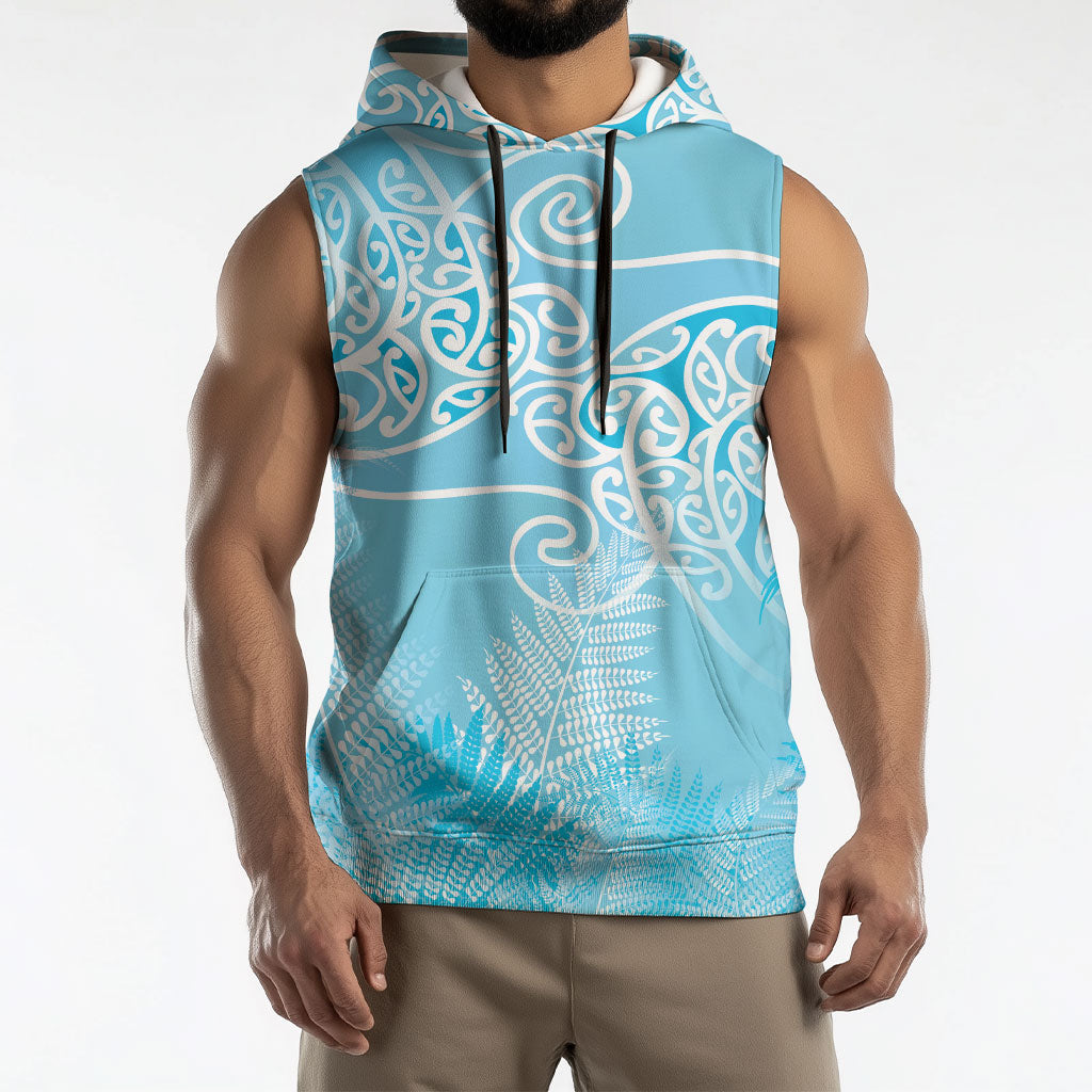 Aotearoa Maori Koru Curves Sleeveless Hoodie Silver Ferns - Turquoise