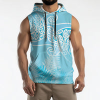 Aotearoa Maori Koru Curves Sleeveless Hoodie Silver Ferns - Turquoise