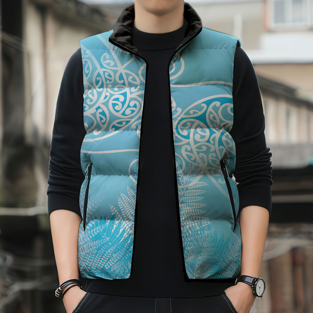 Aotearoa Maori Koru Curves Sleeveless Puffer Jacket Silver Ferns - Turquoise