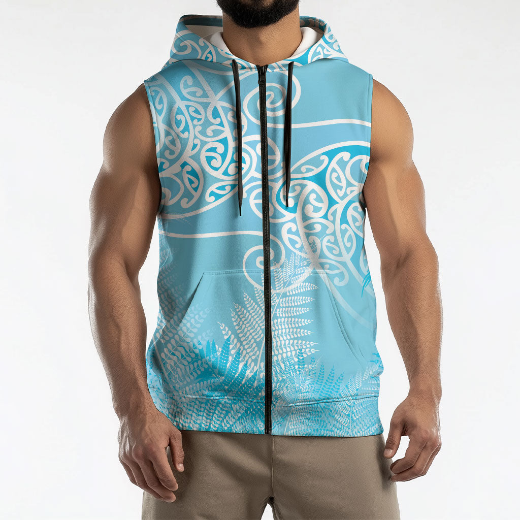 Aotearoa Maori Koru Curves Sleeveless Zip Hoodie Silver Ferns - Turquoise