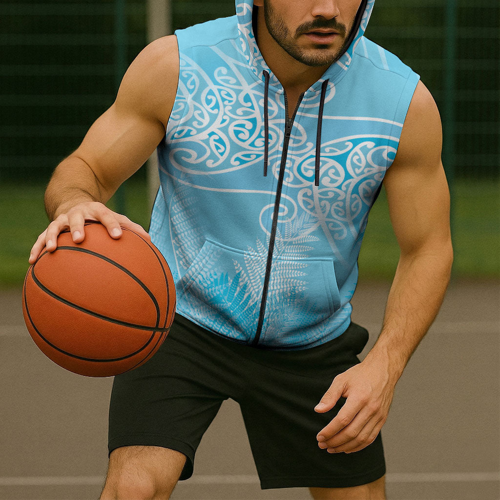 Aotearoa Maori Koru Curves Sleeveless Zip Hoodie Silver Ferns - Turquoise