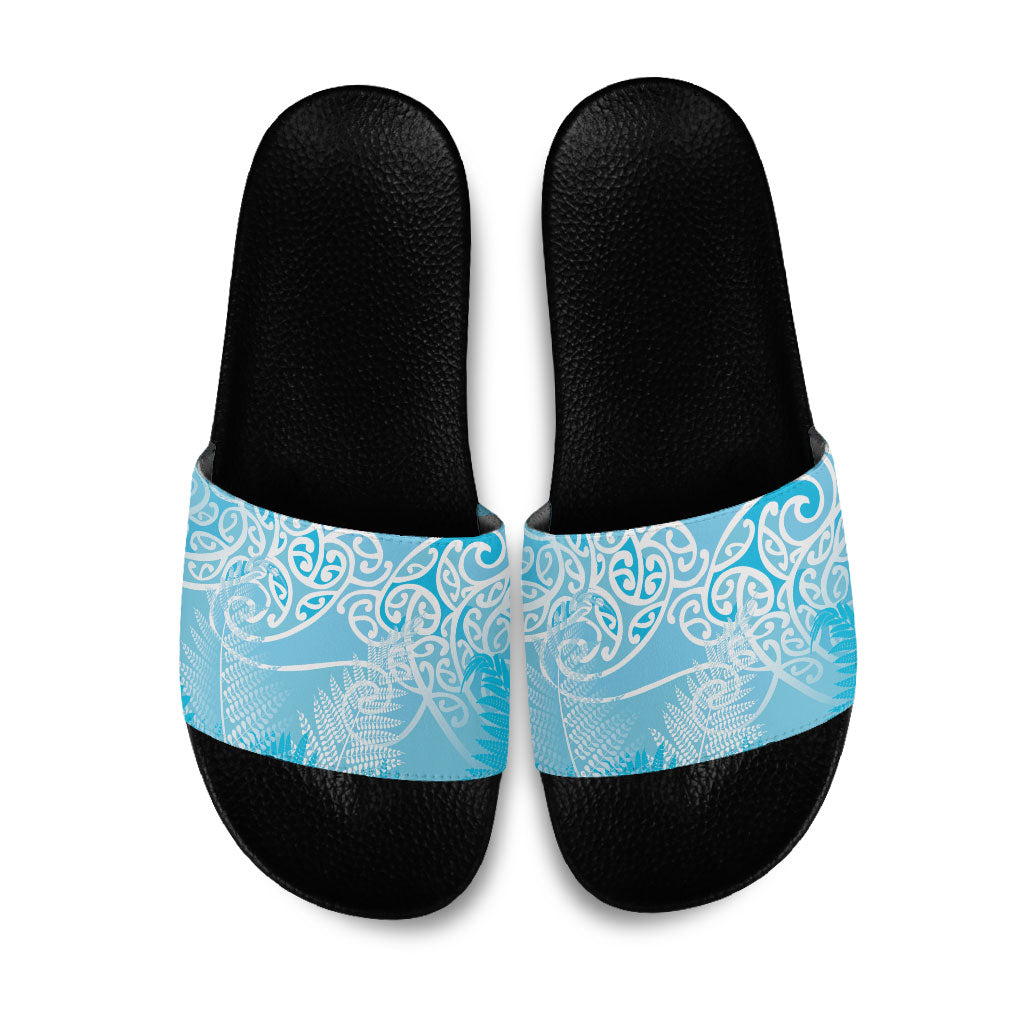 Aotearoa Maori Koru Curves Slide Sandals Silver Ferns - Turquoise