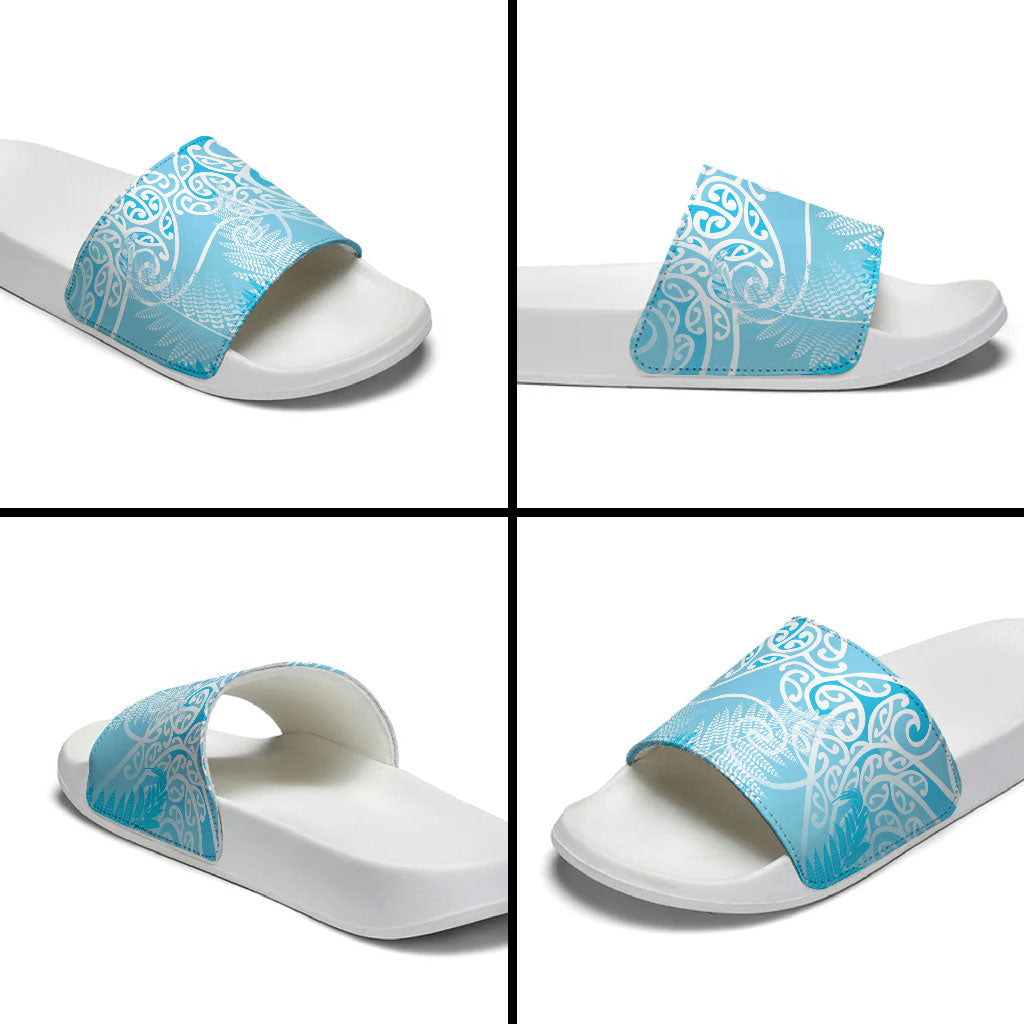 Aotearoa Maori Koru Curves Slide Sandals Silver Ferns - Turquoise