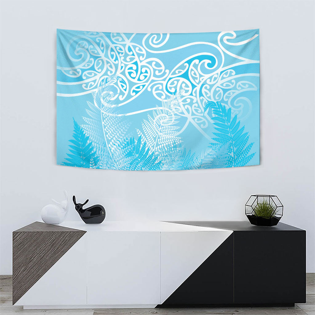 Aotearoa Maori Koru Curves Tapestry Silver Ferns - Turquoise