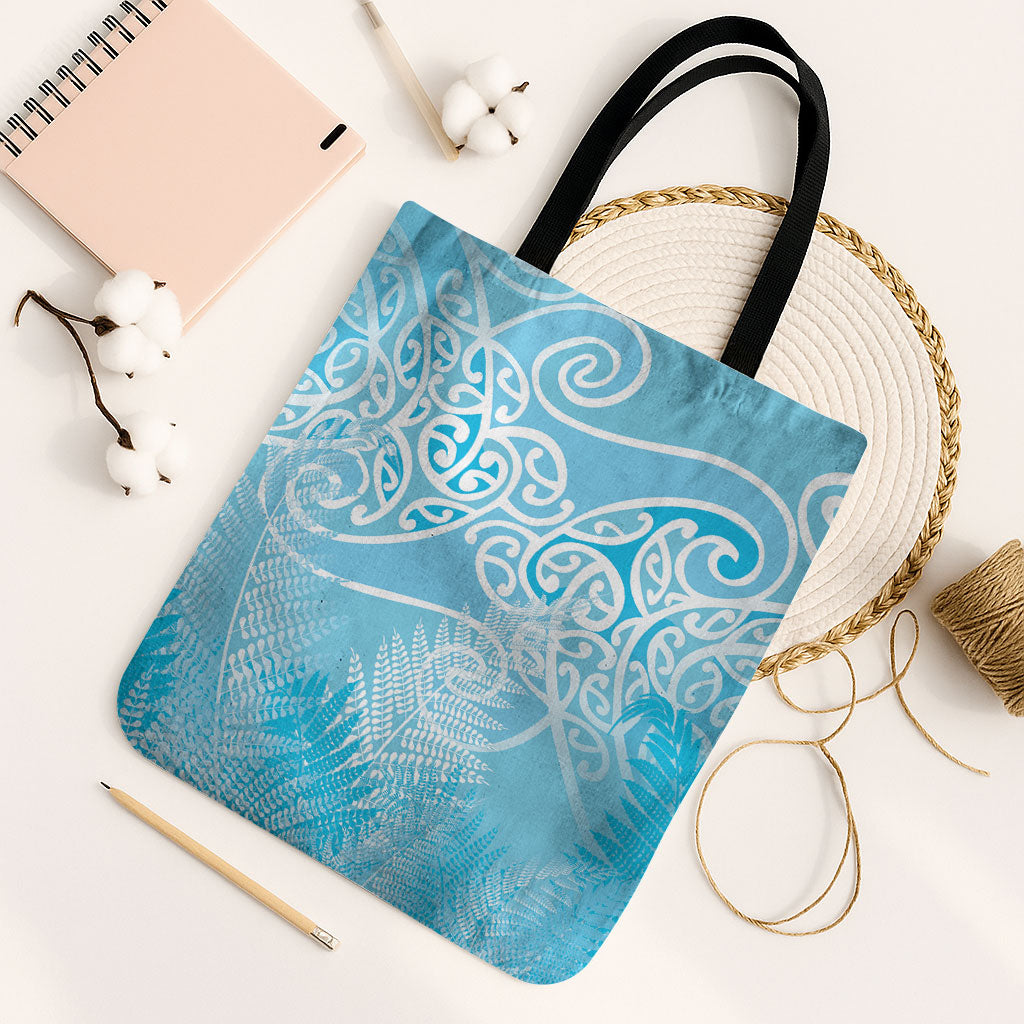 Aotearoa Maori Koru Curves Tote Bag Silver Ferns - Turquoise