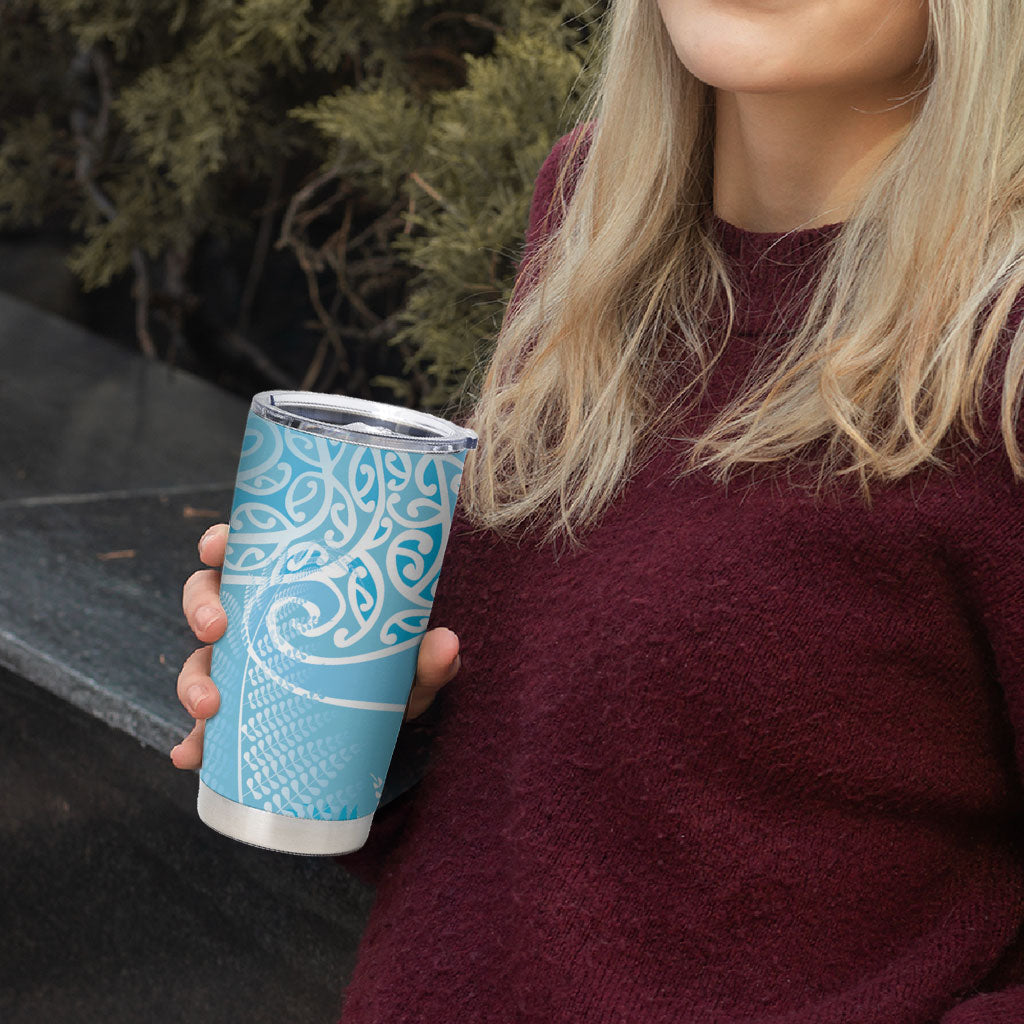 Aotearoa Maori Koru Curves Tumbler Cup Silver Ferns - Turquoise