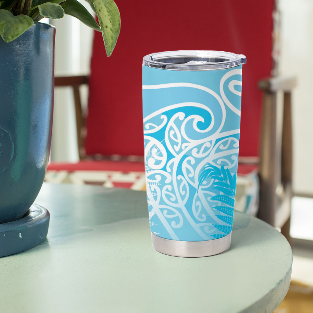 Aotearoa Maori Koru Curves Tumbler Cup Silver Ferns - Turquoise