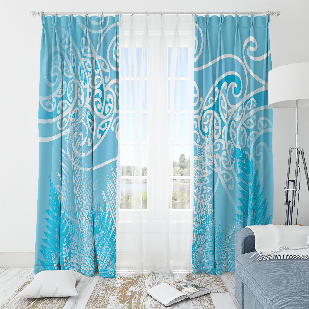 Aotearoa Maori Koru Curves Window Curtain Silver Ferns - Turquoise