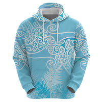 Aotearoa Maori Koru Curves Zip Hoodie Silver Ferns - Turquoise