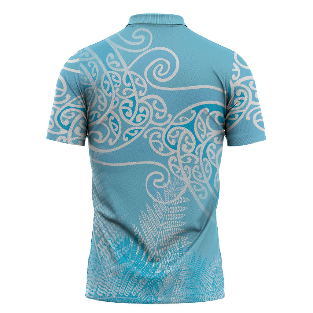 Aotearoa Maori Koru Curves Zipper Polo Shirt Silver Ferns - Turquoise