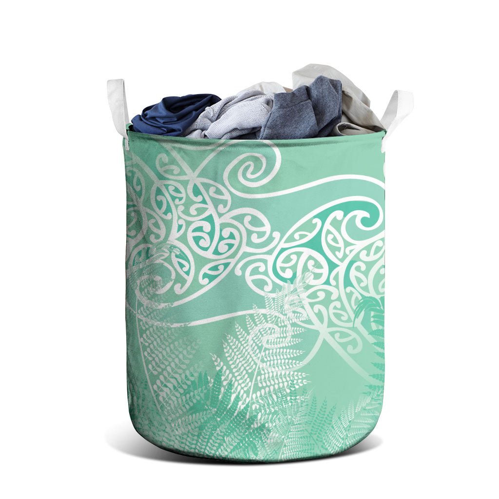 Aotearoa Maori Koru Curves Laundry Basket Silver Ferns - Mint
