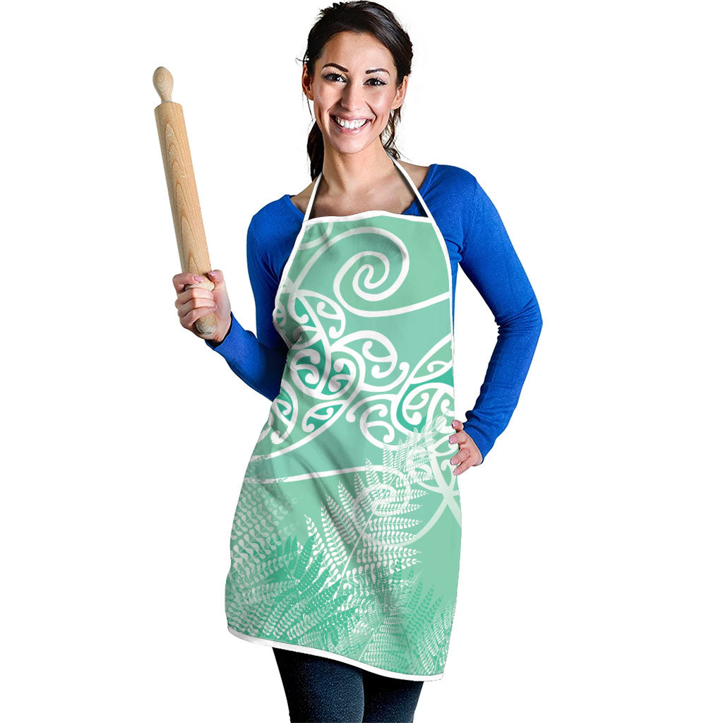 Aotearoa Maori Koru Curves Apron Silver Ferns - Mint