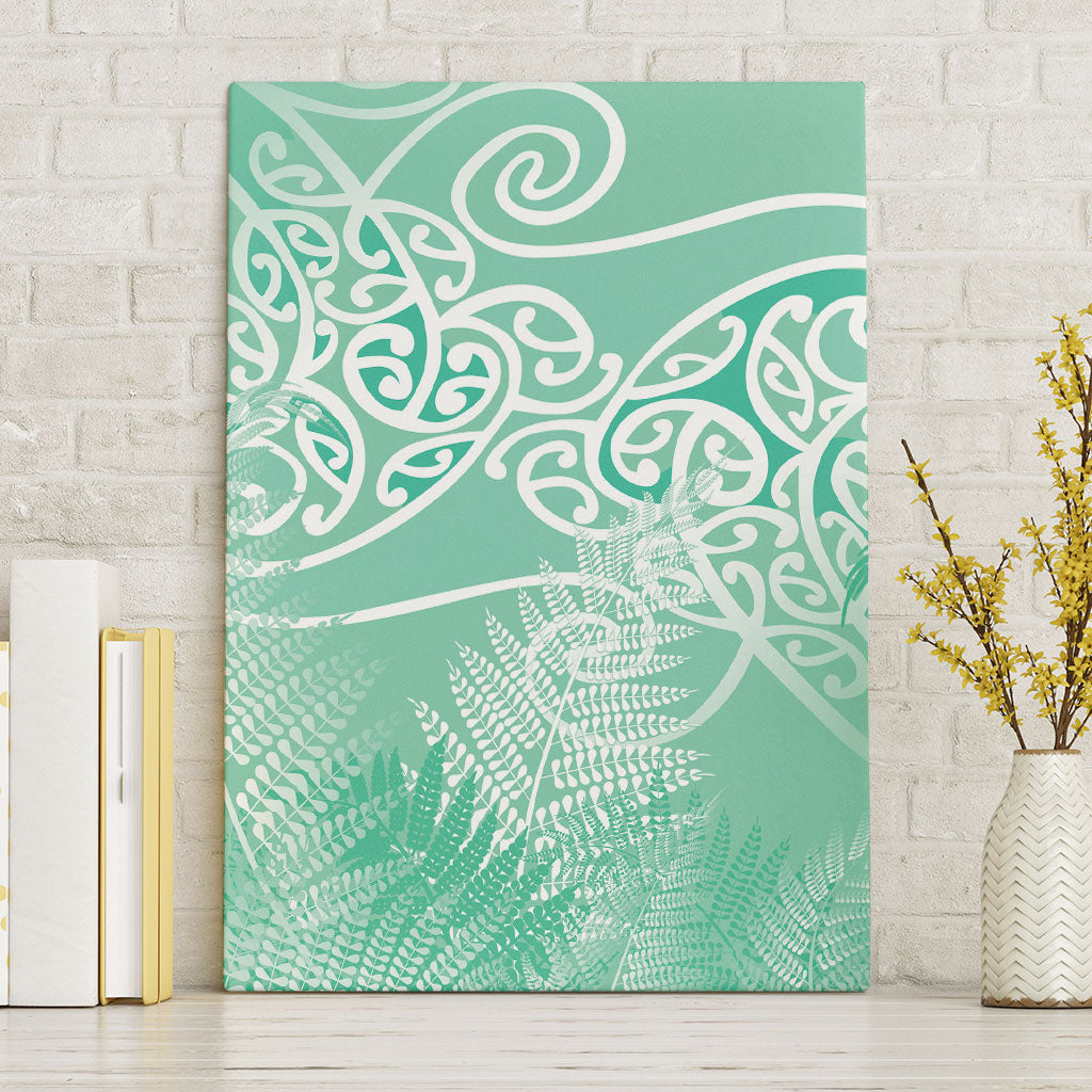 Aotearoa Maori Koru Curves Canvas Wall Art Silver Ferns - Mint