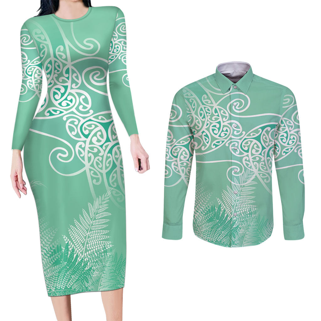 Aotearoa Maori Koru Curves Couples Matching Long Sleeve Bodycon Dress and Long Sleeve Button Shirt Silver Ferns - Mint LT7 Mint Green - Polynesian Pride
