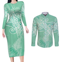 Aotearoa Maori Koru Curves Couples Matching Long Sleeve Bodycon Dress and Long Sleeve Button Shirt Silver Ferns - Mint LT7 Mint Green - Polynesian Pride