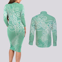 Aotearoa Maori Koru Curves Couples Matching Long Sleeve Bodycon Dress and Long Sleeve Button Shirt Silver Ferns - Mint LT7 - Polynesian Pride
