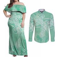 Aotearoa Maori Koru Curves Couples Matching Off Shoulder Maxi Dress and Long Sleeve Button Shirt Silver Ferns - Mint