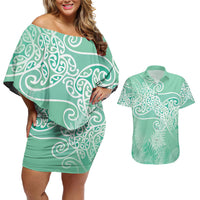 Aotearoa Maori Koru Curves Couples Matching Off Shoulder Short Dress and Hawaiian Shirt Silver Ferns - Mint LT7 Mint Green - Polynesian Pride