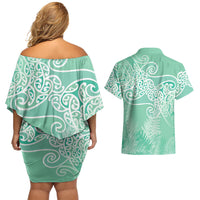 Aotearoa Maori Koru Curves Couples Matching Off Shoulder Short Dress and Hawaiian Shirt Silver Ferns - Mint LT7 - Polynesian Pride