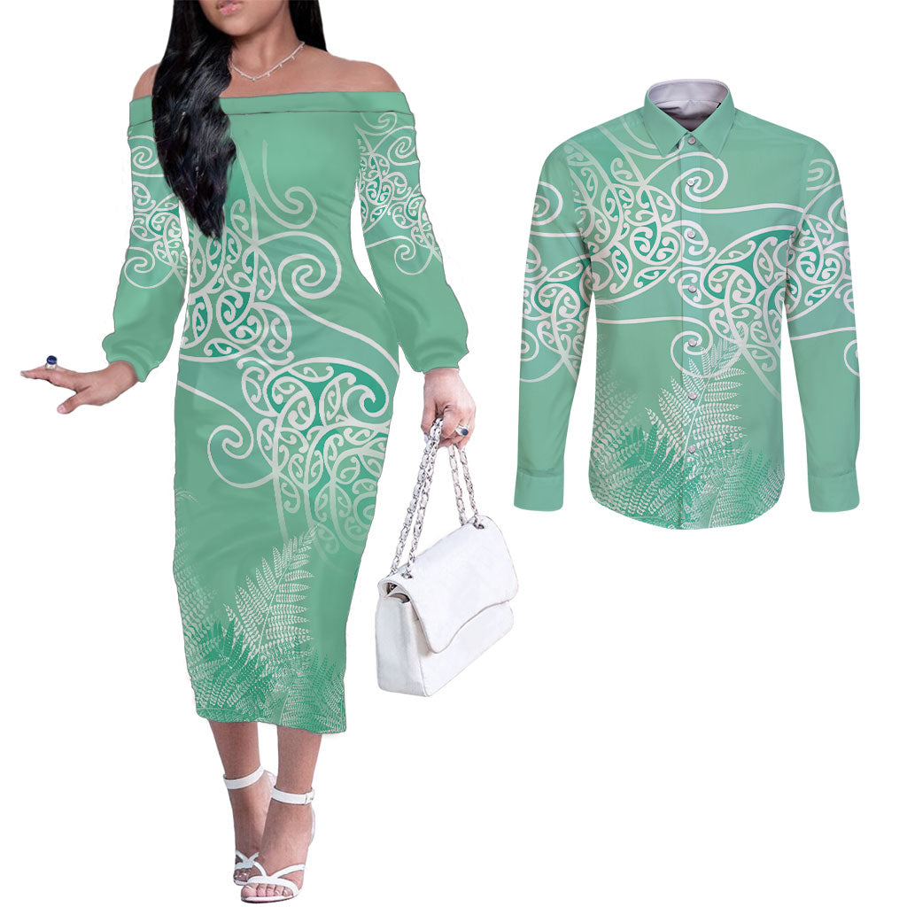 Aotearoa Maori Koru Curves Couples Matching Off The Shoulder Long Sleeve Dress and Long Sleeve Button Shirt Silver Ferns - Mint LT7 Mint Green - Polynesian Pride