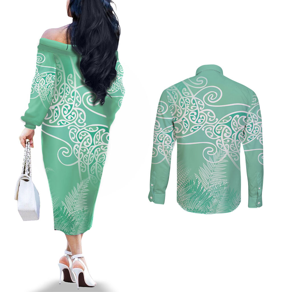 Aotearoa Maori Koru Curves Couples Matching Off The Shoulder Long Sleeve Dress and Long Sleeve Button Shirt Silver Ferns - Mint LT7 - Polynesian Pride
