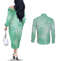 Aotearoa Maori Koru Curves Couples Matching Off The Shoulder Long Sleeve Dress and Long Sleeve Button Shirt Silver Ferns - Mint LT7 - Polynesian Pride