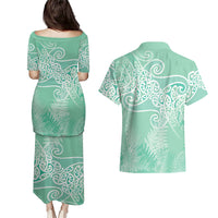 Aotearoa Maori Koru Curves Couples Matching Puletasi and Hawaiian Shirt Silver Ferns - Mint