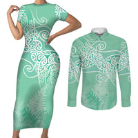 Aotearoa Maori Koru Curves Couples Matching Short Sleeve Bodycon Dress and Long Sleeve Button Shirt Silver Ferns - Mint
