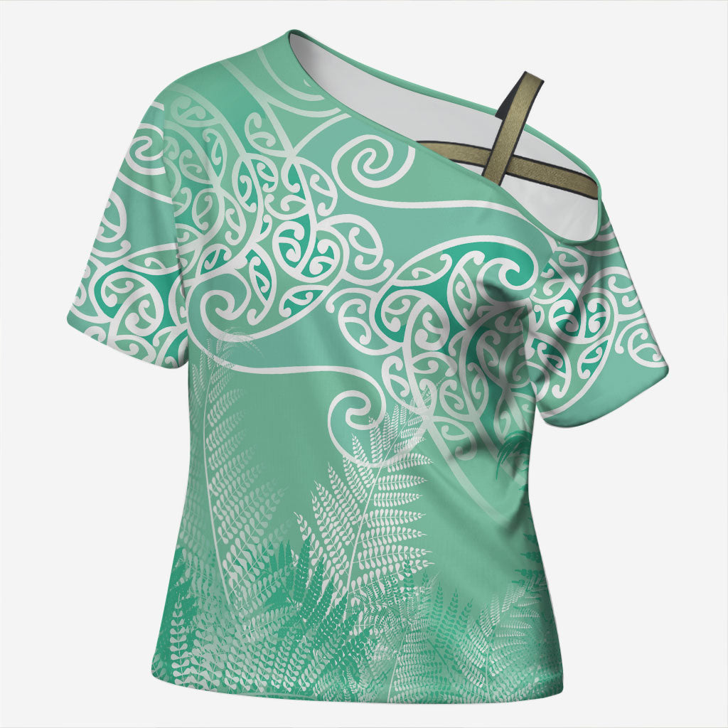 Aotearoa Maori Koru Curves Cross Shoulder Shirt Silver Ferns - Mint