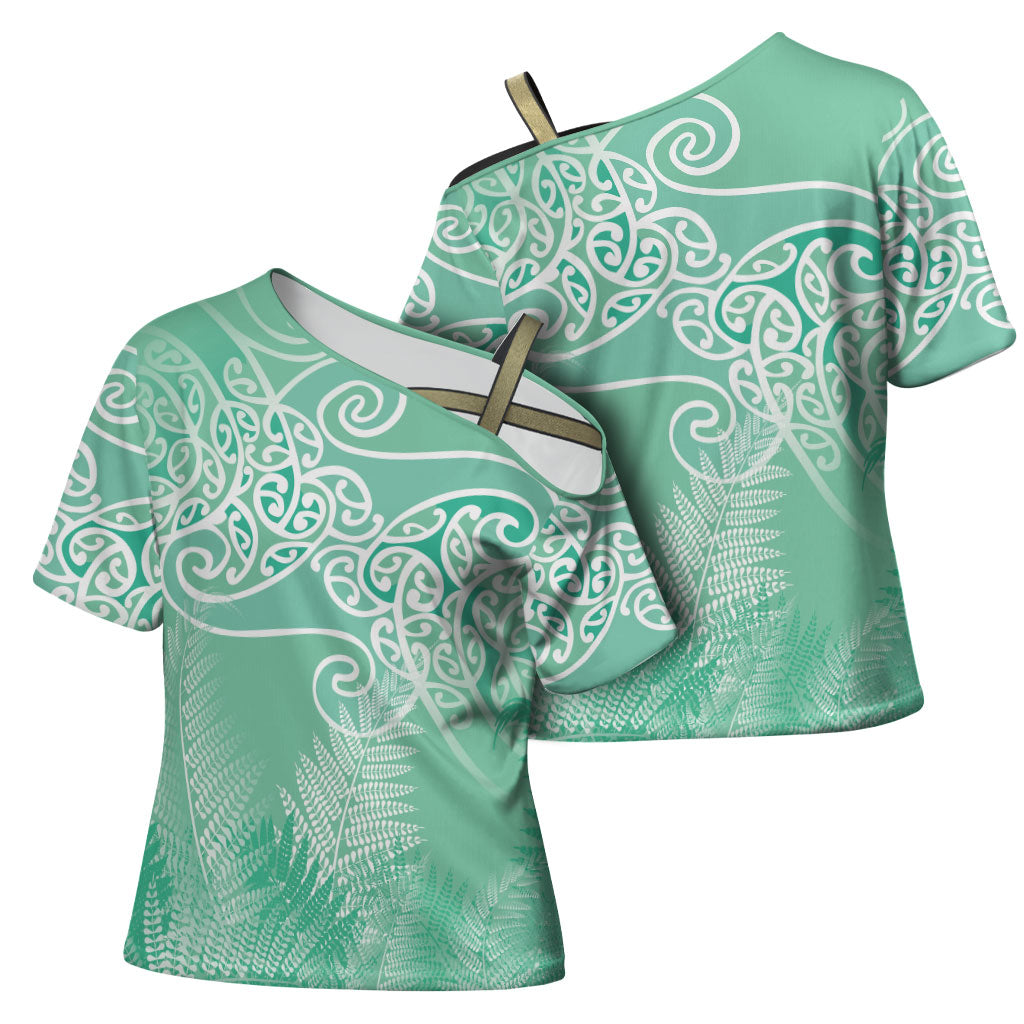 Aotearoa Maori Koru Curves Cross Shoulder Shirt Silver Ferns - Mint