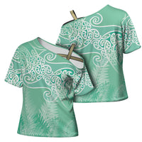 Aotearoa Maori Koru Curves Cross Shoulder Shirt Silver Ferns - Mint