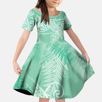 Aotearoa Maori Koru Curves Family Matching Off The Shoulder Long Sleeve Dress and Hawaiian Shirt Silver Ferns - Mint LT7 Daughter's Dress Mint Green - Polynesian Pride