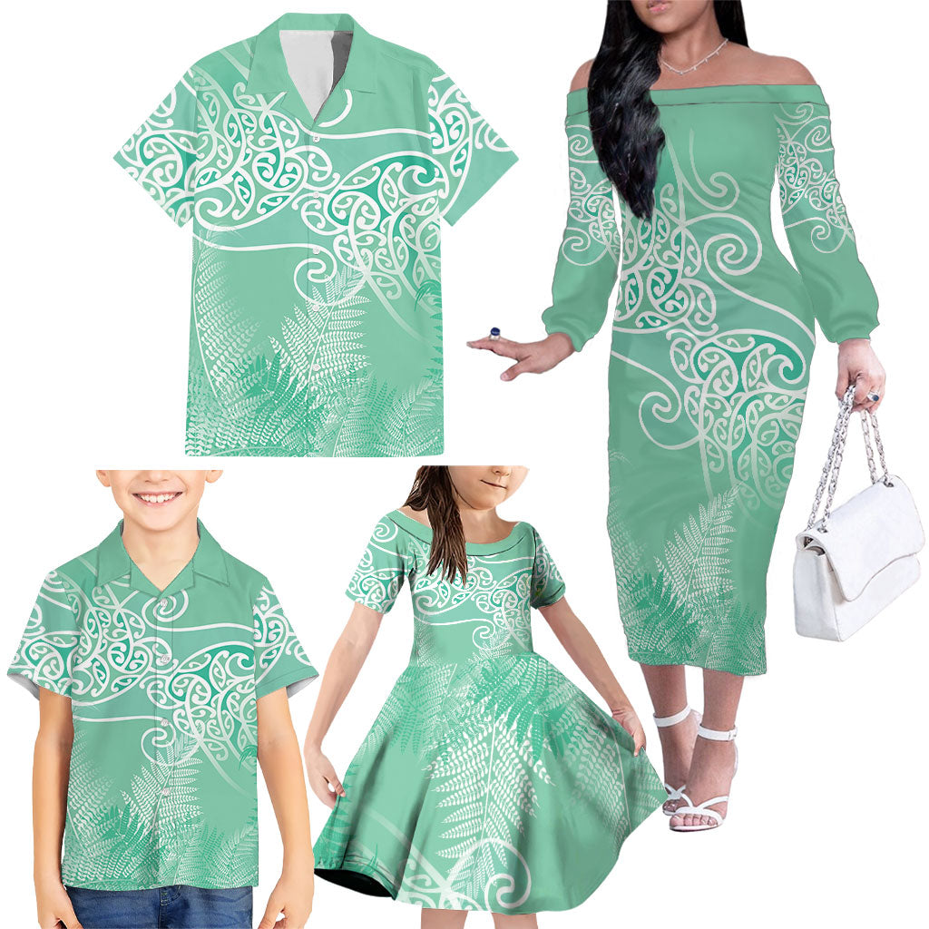 Aotearoa Maori Koru Curves Family Matching Off The Shoulder Long Sleeve Dress and Hawaiian Shirt Silver Ferns - Mint LT7 - Polynesian Pride