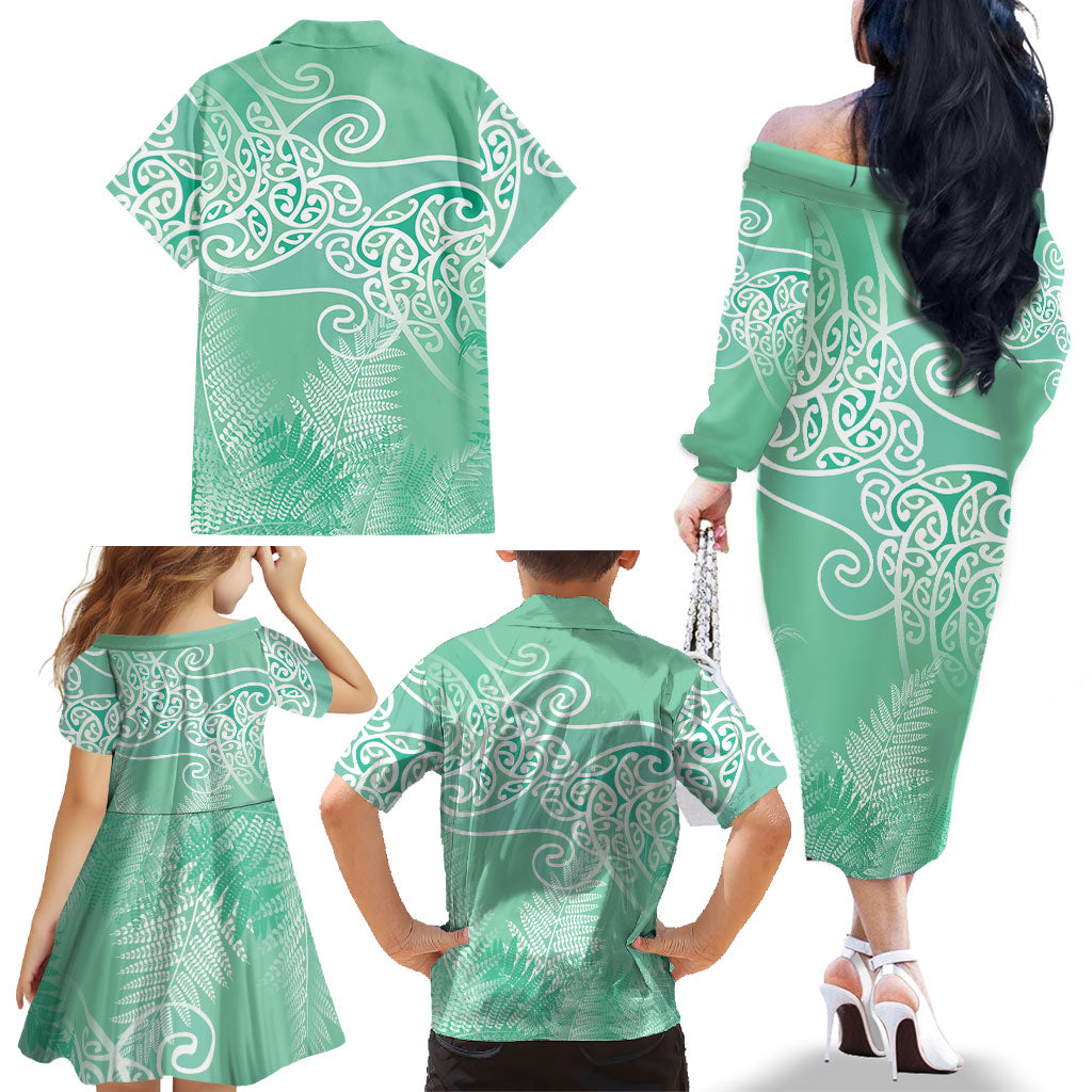Aotearoa Maori Koru Curves Family Matching Off The Shoulder Long Sleeve Dress and Hawaiian Shirt Silver Ferns - Mint LT7 - Polynesian Pride