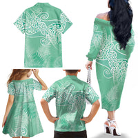 Aotearoa Maori Koru Curves Family Matching Off The Shoulder Long Sleeve Dress and Hawaiian Shirt Silver Ferns - Mint LT7 - Polynesian Pride