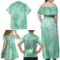 Aotearoa Maori Koru Curves Family Matching Off Shoulder Maxi Dress and Hawaiian Shirt Silver Ferns - Mint LT7 - Polynesian Pride